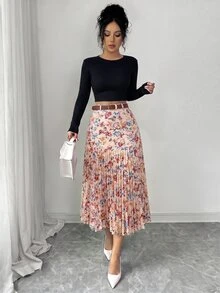 Elenzga 女款優雅波點印花拼接百褶裙 - 彩色 - 查看 5