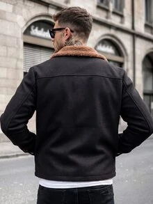 Manfinity CasualCool 男士成熟休閒純色羊毛短夾克，節日送禮最佳選擇 - 黑色 - 查看 2