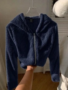 SHEIN EZwear 女款秋冬新款純色長袖短版休閒簡約連帽毛絨外套，居家日常穿著，白色，適合夜晚與假期 - 藏蓝色 - 查看 6