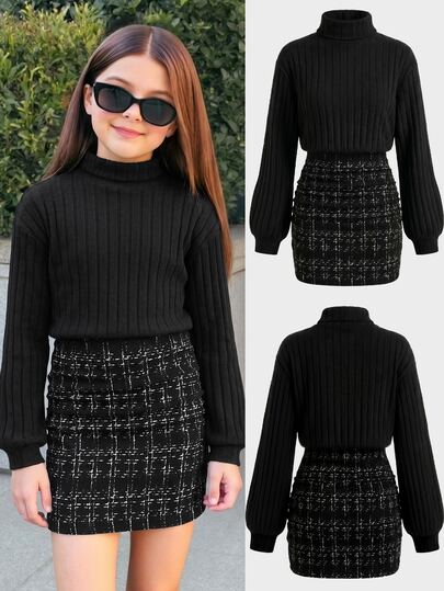Young Girls 2-In-1 Mock Neck Dress, Black Ribbed Knit Top & Tweed Plaid Snug Fit Skirt Outfits For Fall Winter