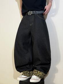 STEELVANCE Streetwear Retro Fashion Versatile Distressed Washed Embroidered Patchwork Design Loose Straight Wide Leg Casual Denim Jeans (Belt And Accessories Not Included) - Black - View 3