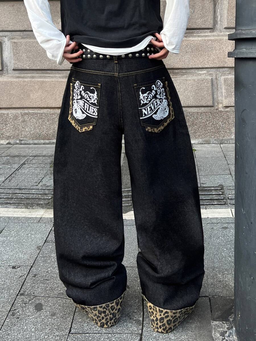 STEELVANCE 男士街頭風破舊豹紋拼接牛仔長褲(不含腰帶與配件) - 黑色 - 查看 1