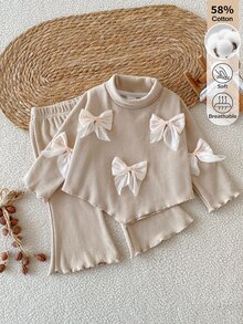 SHEIN Baby Girl Autumn Semi-High Neck Ribbed Knit 2-Piece Set, Sweet & Gentle Style 3D Chiffon Bow Ruffle Top + Flared Long Pants - Apricot - View 2