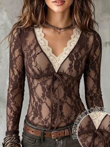 Omancia Women's Colorblock V-Neck Long Sleeve Front Tie Lace Fitted Top - Brown - View 7