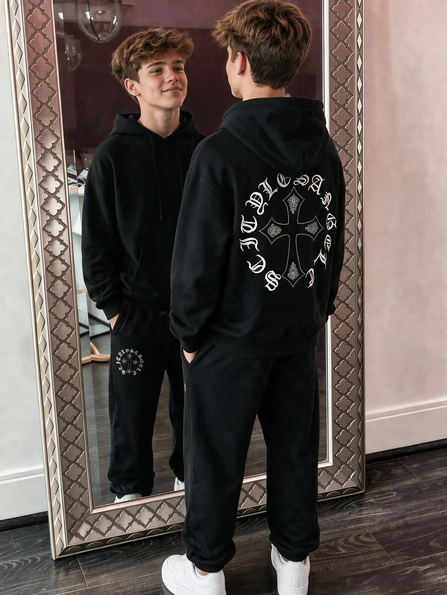 SHEIN Teen Boy Minimalist Long Sleeve Hoodie And Jogger Pants Set - Black - View 1