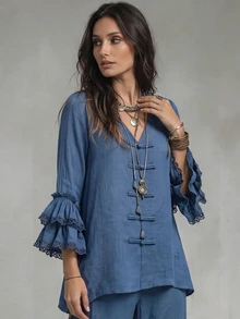 Linhara CURVE Plus Size V-Neck Frog Button Blouse, Long Sleeve Bell Sleeve With Lace Trim, Loose Fit Linen Blend Bohemian Style Women's Top - Blue - View 4