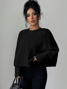 Elenzga 女款秋季新品單件圓領極簡優雅短版針織套頭長袖毛衣，適合日常穿著與通勤百搭 - 黑色 - 查看 3