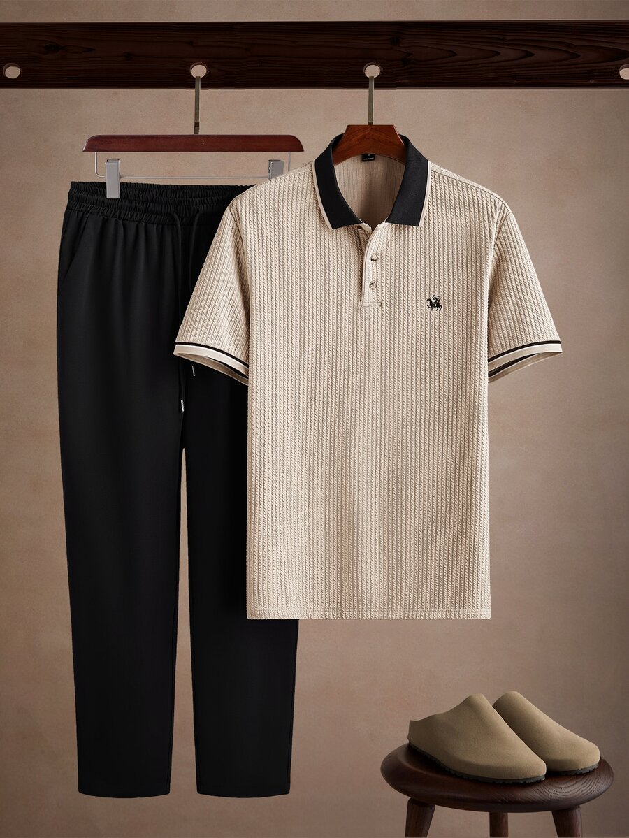 Core Aspect Men's Fashion Casual Textured Knit Polo Top + Straight Leg Casual Pants, Light Business Style, Office Daily Commute Outfit - Multicolor - View 1