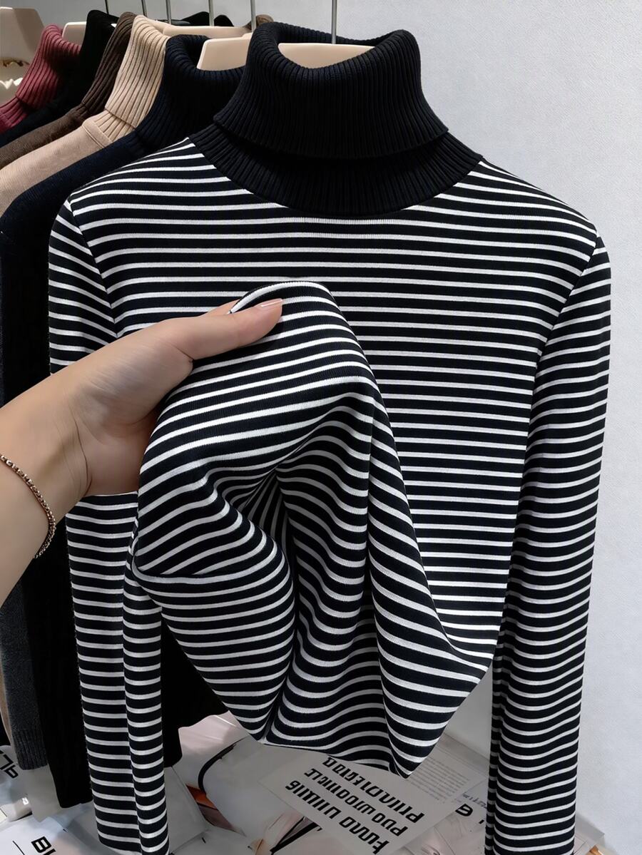 SHEIN Franclia 女款冬季休閒優雅通勤居家穿著黑白條紋舒適正肩長袖T恤 - 黑與白 - 查看 1