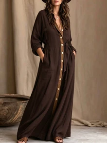 EMERY ROSE Plus Size Women's Collared Long Sleeve Linen Blend Shirt Dress, With Cinched Waist And Side Pockets, Loose Flowy Long Dress, Bohemian Casual Style, Beach Vacation Daily Wear - Coffee Brown - View 3