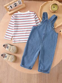 SHEIN 2件組幼兒男童牛仔吊帶褲套裝，可愛藍紅大象補丁條紋口袋長袖圓領寬鬆牛仔褲，適合生日、春季假期 - 藍色 - 查看 2