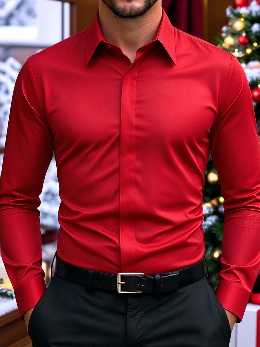 Manfinity Mode 男士長袖襯衫，白色，秋季，優雅，正式，教師節，純色商務休閒與正式開襟襯衫，標準版型，光滑質感 - 紅色 - 查看 1