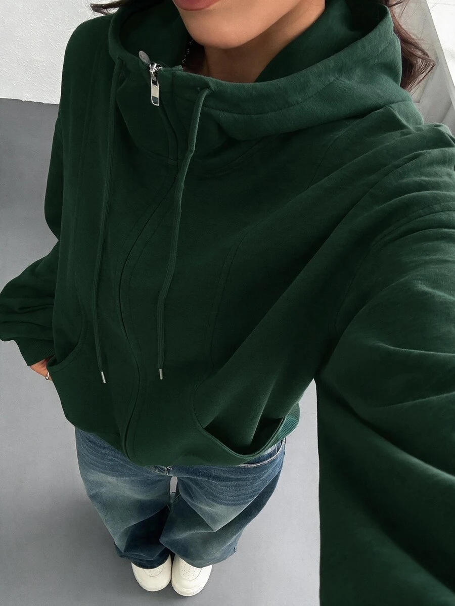 SHEIN EZwear 女款前拉鍊長袖口袋連帽衫,極簡休閒畢業季開學穿搭,適合女性教師,秋冬回校穿著 - 墨綠色 - 查看 1