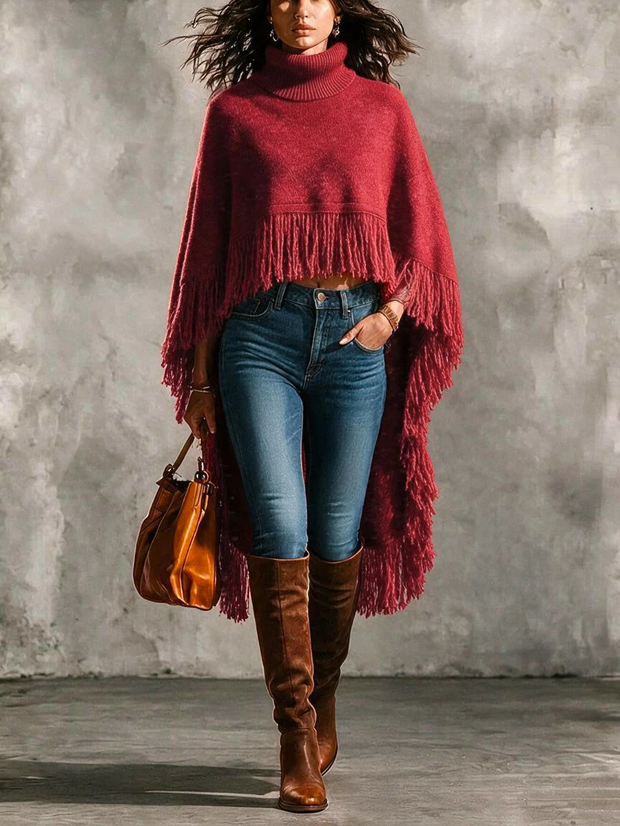 SHEIN Fall Solid Heather Knit High Turtleneck Irregular Hem Tassel Fringe Cape Poncho Outerwear Shawl - Red - View 1