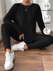 SHEIN Frenchy 落肩羅紋針織上衣與內搭褲兩件套，紋理面料，冬季休閒，春季穿搭 - 黑色 - 查看 5