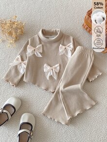 SHEIN Baby Girl Autumn Semi-High Neck Ribbed Knit 2-Piece Set, Sweet & Gentle Style 3D Chiffon Bow Ruffle Top + Flared Long Pants - Apricot - View 4