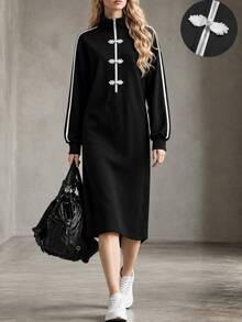 LUMIGAL Women's Striped Dress With Frog Buttons And Half-Zip Front - Black - View 1