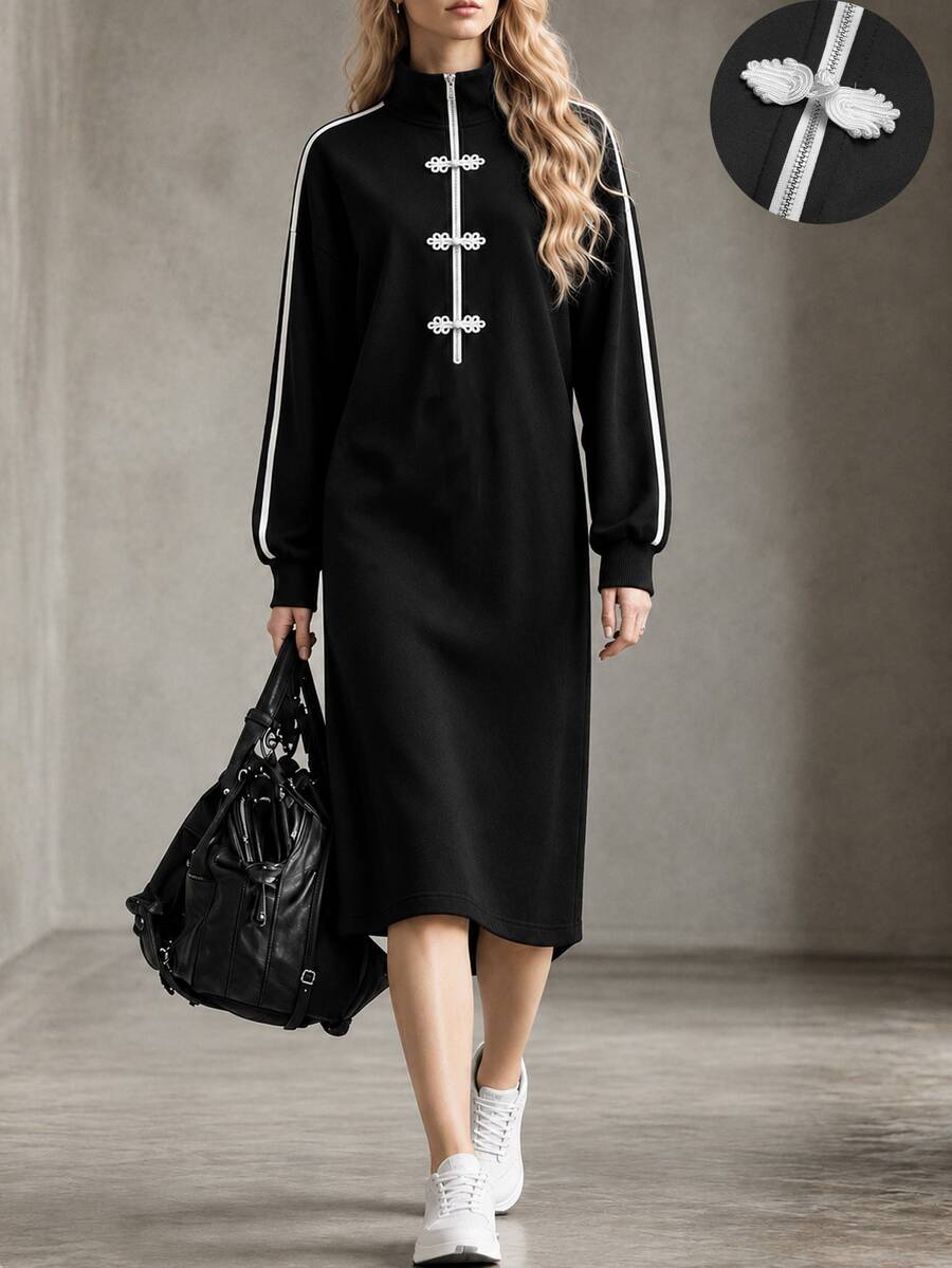 LUMIGAL Women's Striped Dress With Frog Buttons And Half-Zip Front - Black - View 1