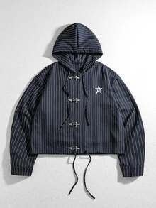 ROMWE MEN Men's Metal Button Decor Striped Drawstring Hooded Jacket - Navy Blue - View 7
