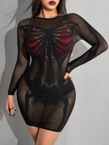 Whyspr Plus Size Women's Skeleton Pattern Hollow Out Sheer Long Sleeve Slim Fit Sexy Dress Fall - Black - View 1