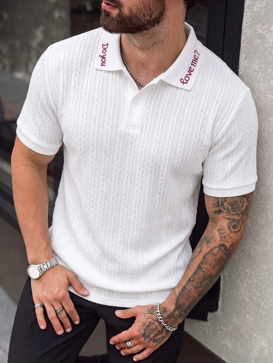 Manfinity Homme Premium Texture Diamond Pattern Fabric Contrast Trim Collar Men's Business Casual Short Sleeve Shirt - White - View 1
