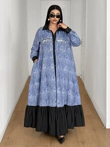 Maweii Plus Size Denim Effect Print Shirt Dress, Collared Button-Down With Faux Pockets, Patchwork Black Ruffle Hem, Loose Fit - Blue - View 3