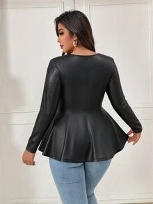 Femmeverse Women's Plus Size New Solid Color Square Neck Collarbone-Exposing A-Line Slimming Hip-Covering Zipper Front Elastic PU Long Sleeve Top - Black - View 2