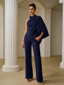 ZEYLAH Women's Solid Color One-Shoulder Fashion Versatile Top - Navy Blue - View 6
