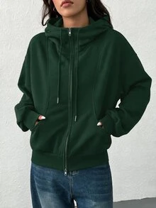 SHEIN EZwear 女款前拉鍊長袖口袋連帽衫，極簡休閒畢業季開學穿搭，適合女性教師，秋冬回校穿著 - 墨綠色 - 查看 5