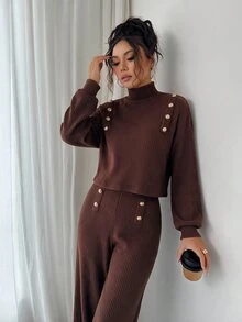 Elenzga Maillard High Neck Ribbed Knit 2 Pieces Set Women Autumn/Winter Metal Button Short Petal Sleeve Top High Waist Wide Leg Pants - Coffee Brown - View 7