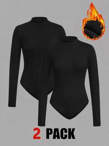 SHEIN EZwear Two Pieces Set Women Stand Collar Bodysuit With Long Sleeves, Multi-Color, Knitted, Suitable For Winter - Black - View 1