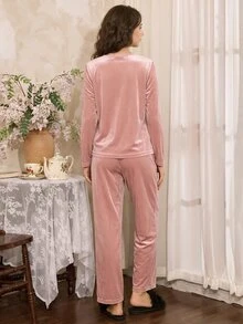 Côtesoire Women's Solid Color French Style Loose V-Neck Contrast Lace Long Sleeve Top & Pants Velvet PJS Silk Brown PJSs For Women Teddy Mom Brown - Baby Pink - View 2