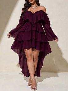 Viva Relle Plus Size Sexy Cold Shoulder Spaghetti Strap Front Short Back Long Burgundy Dress Fall - Red Violet - View 3
