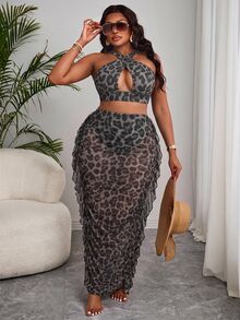 Slaydiva Plus Size Women's Summer Beach Leopard Print Halter Neck Tie Sexy Bikini And Triangle Bottom Two-Piece Swimsuit Set With Skirt - Multicolor - View 5