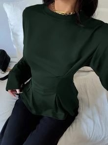 Siren Gaze 女款優雅通勤純色喇叭袖收腰修身T恤 冬季休閒 春季 - 墨綠色 - 查看 6