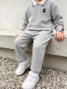 Young Boys 2pcs Ribbed Knit Outfit, Contrast Striped Collar Long Sleeve Top & Elastic Pants, Letter - Green - View 4