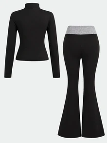 Barn- och tonårstjejens höst/vinter casual vardagsoutfit med stickad jacka med bokstavstryck i enfärgad svart, färgblockerad midja och utsvängda benbyxor, Back to School - Svart - Visa 3
