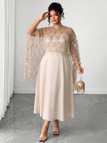 Elenzga Plus Size Women Coffee Brown Autumn/Winter Long Dress, Lace Patchwork Backless A-Line Skirt, Ruffle Hem, Fishbone Pattern Dividing Line, Long Train, Suitable For Party, Halloween, Various Events - Apricot - View 7