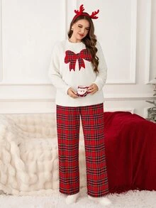 SHEIN LUNE Plus Size Women Bow Pattern Long Sleeve Top And Pants Casual Daily 2 Pieces Set Party Wear - Multicolor - View 5