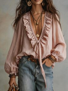 Omancia Vintage Casual V-Neck Double Layer Ruffle Tie Sleeve Pink Blouse - Pink - View 5