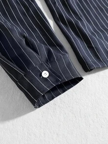 ROMWE MEN Men's Metal Button Decor Striped Drawstring Hooded Jacket - Navy Blue - View 8