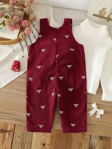 SHEIN Playful Pals 女嬰 0-3 歲 春/秋 心形印花燈芯絨連身褲，休閒風格，胸前裝飾毛絨兔子與 3D 蝴蝶結，適合日常穿著 - 酒紅色 - 查看 2