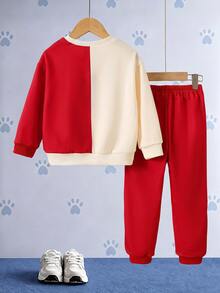 SHEIN | PAW Patrol 小男孩黃色拼色卡通小狗印花寬鬆衛衣套裝 秋季長袖上衣與長褲 返校休閒穿搭 - 彩色 - 查看 2