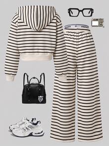 SHEIN 青少年女孩冬季加厚服裝套裝 數位印花運動服 馬匹圖案保暖拉鍊連帽外套 彈性字母腰帶 2件套穿搭 - 黑與白 - 查看 2
