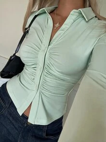 SHEIN EZwear 1件女款白色針織修身長袖T恤，適合約會與日常穿著，秋季休閒優雅風 - 薄荷綠 - 查看 6