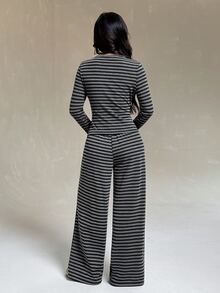 SHEIN PETITE Bộ 2 món gồm áo kẻ sọc xám và quần dài cho phụ nữ dáng nhỏ (Thu/Đông) - Xám - Xem 2