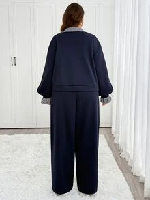 Easowa Curve Plus Size Women's 2 In 1 Patchwork Long Sleeve Top And Pants Casual Daily 2 Pieces Set - Navy Blue - View 3