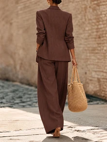 Breezaya Women's Solid Color Notch Lapel Long Sleeve Jacket And Pants Suit Set - Brown - View 2