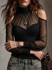 SHEIN Women's Black Mesh Cold Shoulder Long Sleeve Top, Criss-Cross Ruched Slim Fit Sheer Mesh Patchwork Base Layer T-Shirt - Black - View 3