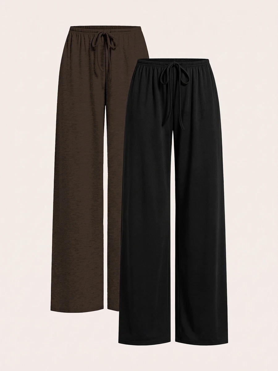 SHEIN EZwear 2色女款抽繩腰寬鬆休閒基礎寬腿居家舒適長褲,秋季女裝,巧克力棕、灰色 - 黑色 - 查看 1